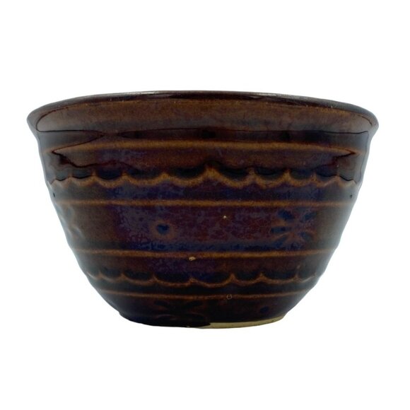 Vintage Brown Ceramic Bowl With Wavy Pattern Stripes Handmade Pottery Rice Tea C - Picture 3 of 6